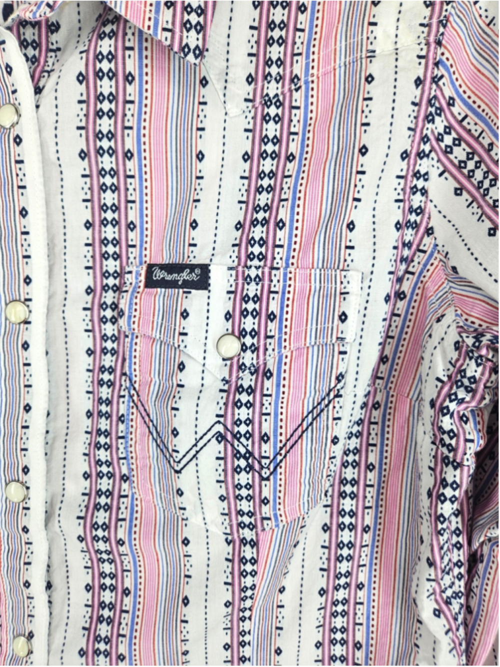 Wrangler Retro Western Pearl Snap Shirt Women L Pink Aztec Stripe Cotton Top - Picture 2 of 8
